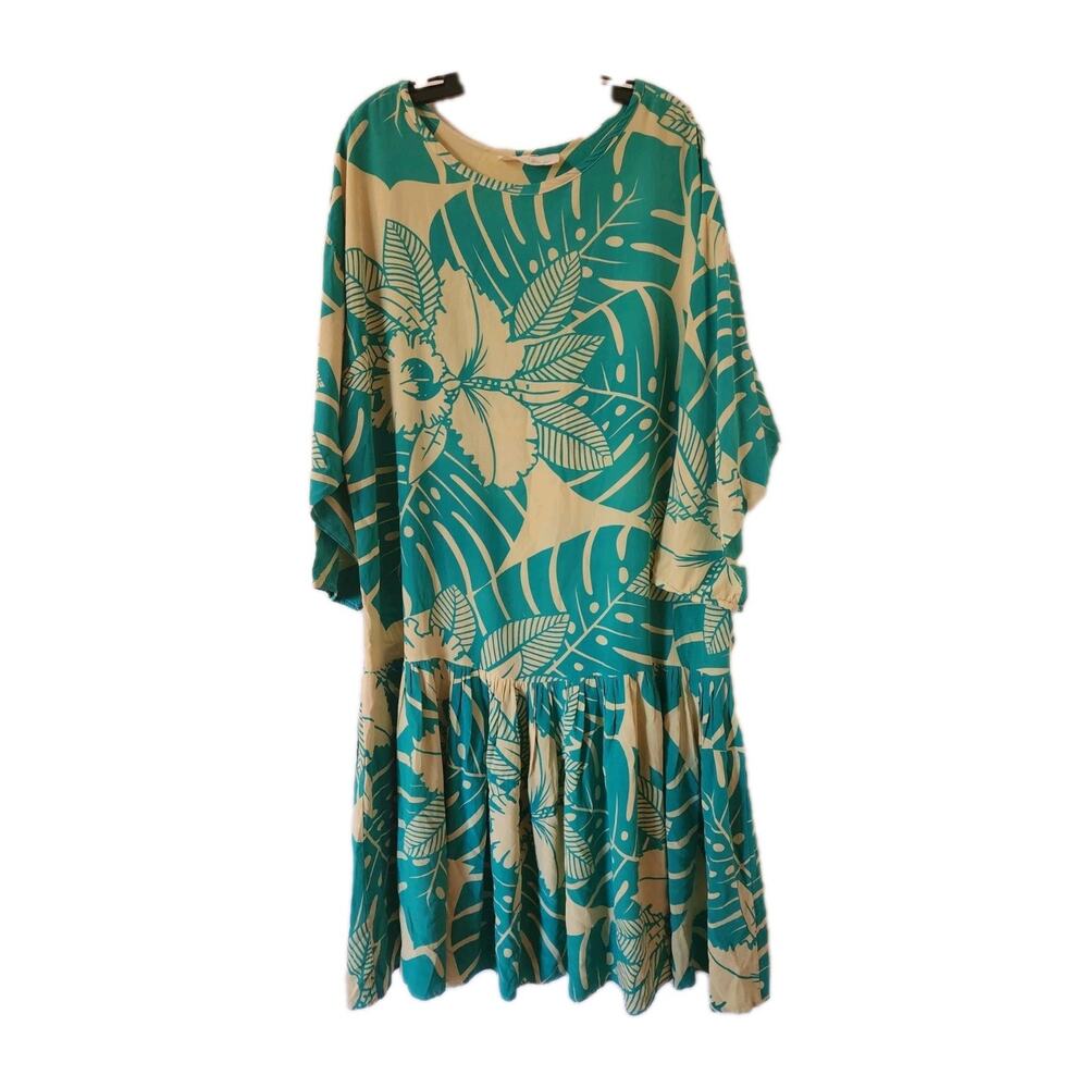 VTG 90s Rayon Drop Waist Green Tropical Palm Leaf Hawaiian Dress XL Midi Boho